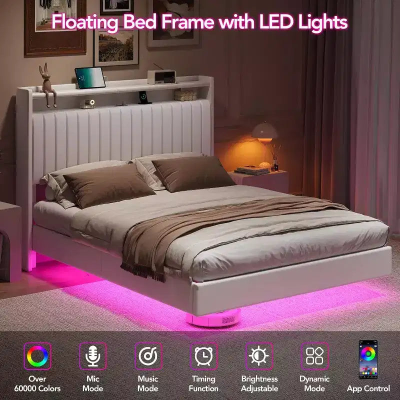 Full Floating Bed Frame with USB Charging Station, Upholstered Platform Bed with Headboard Storage and LED Lighting