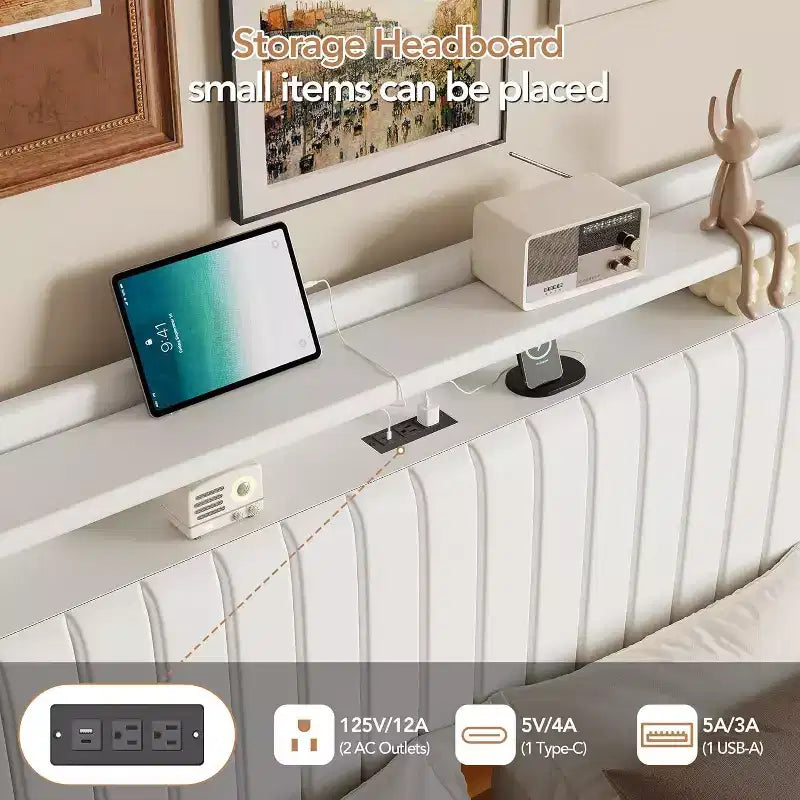 Full Floating Bed Frame with USB Charging Station, Upholstered Platform Bed with Headboard Storage and LED Lighting