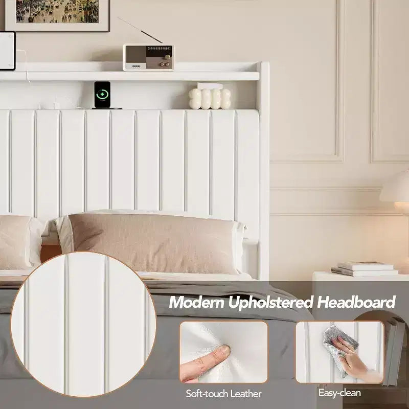 Full Floating Bed Frame with USB Charging Station, Upholstered Platform Bed with Headboard Storage and LED Lighting