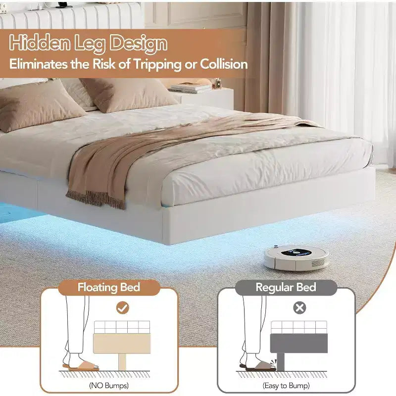 Full Floating Bed Frame with USB Charging Station, Upholstered Platform Bed with Headboard Storage and LED Lighting