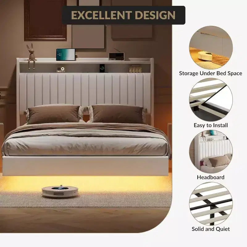Full Floating Bed Frame with USB Charging Station, Upholstered Platform Bed with Headboard Storage and LED Lighting