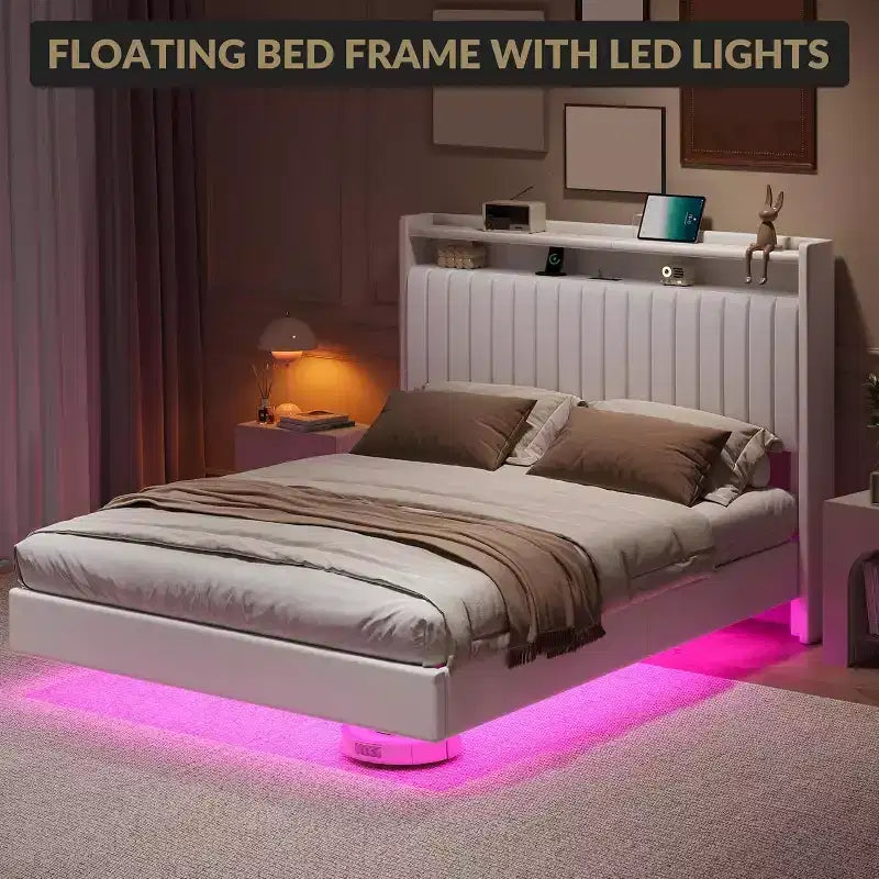 Full Floating Bed Frame with USB Charging Station, Upholstered Platform Bed with Headboard Storage and LED Lighting