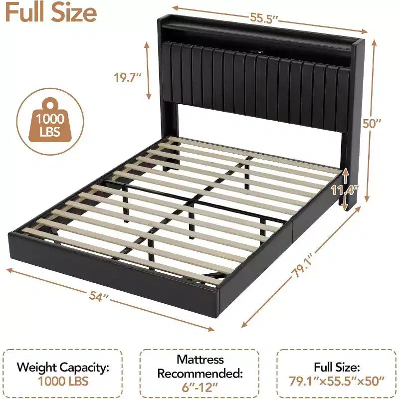 Full Floating Bed Frame with USB Charging Station, Upholstered Platform Bed with Headboard Storage and LED Lighting