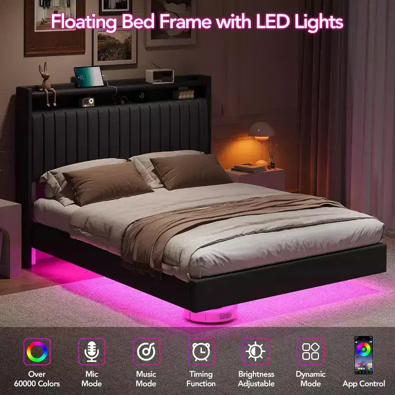 Full Floating Bed Frame with USB Charging Station, Upholstered Platform Bed with Headboard Storage and LED Lighting
