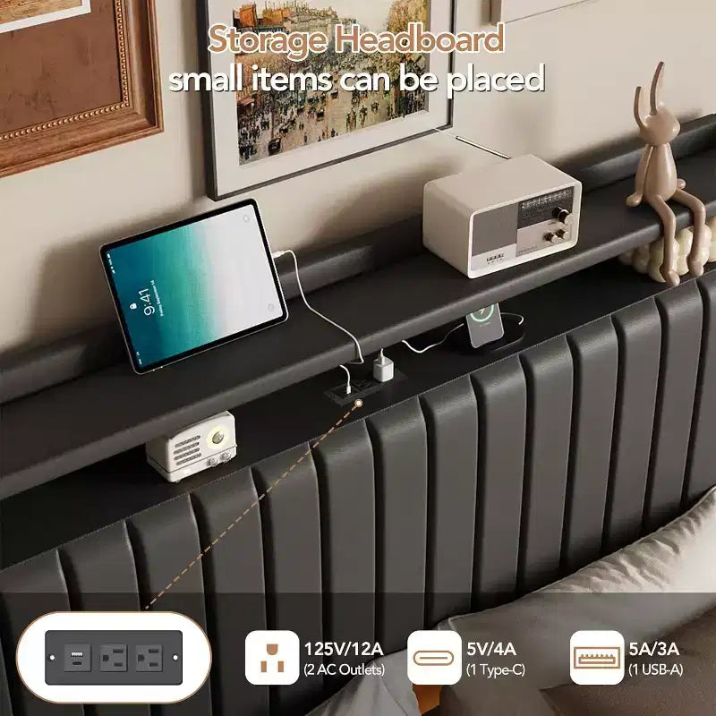 Full Floating Bed Frame with USB Charging Station, Upholstered Platform Bed with Headboard Storage and LED Lighting
