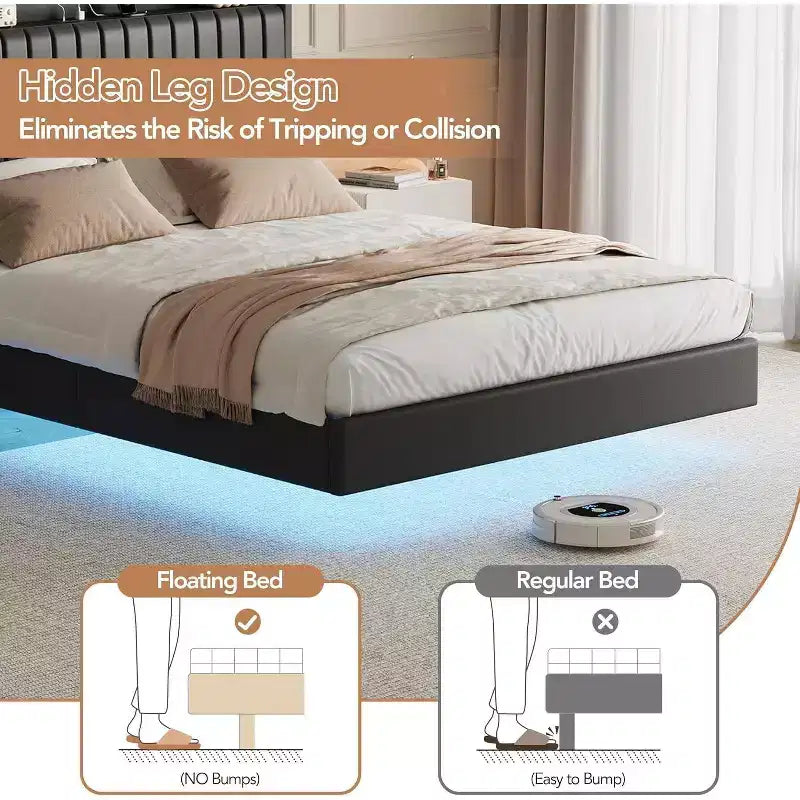 Full Floating Bed Frame with USB Charging Station, Upholstered Platform Bed with Headboard Storage and LED Lighting
