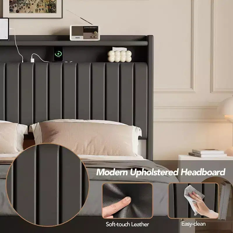 Full Floating Bed Frame with USB Charging Station, Upholstered Platform Bed with Headboard Storage and LED Lighting