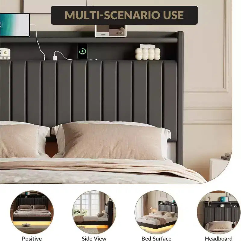 Full Floating Bed Frame with USB Charging Station, Upholstered Platform Bed with Headboard Storage and LED Lighting