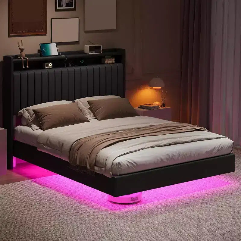 Full Floating Bed Frame with USB Charging Station, Upholstered Platform Bed with Headboard Storage and LED Lighting