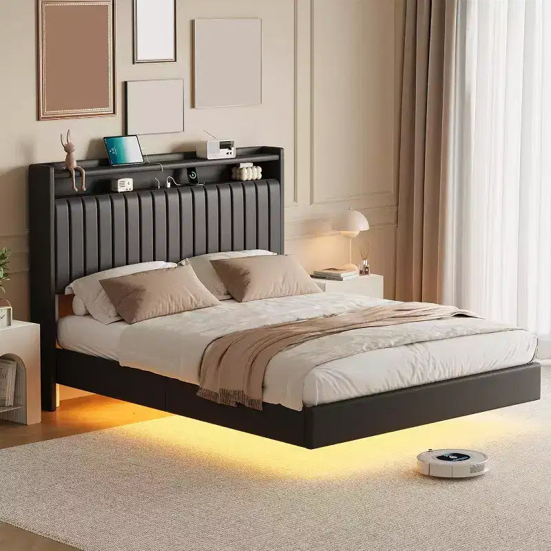 Acekool Full Floating Bed Frame with USB Charging Station, Upholstered Platform Bed with Headboard Storage and Soft LED Lighting