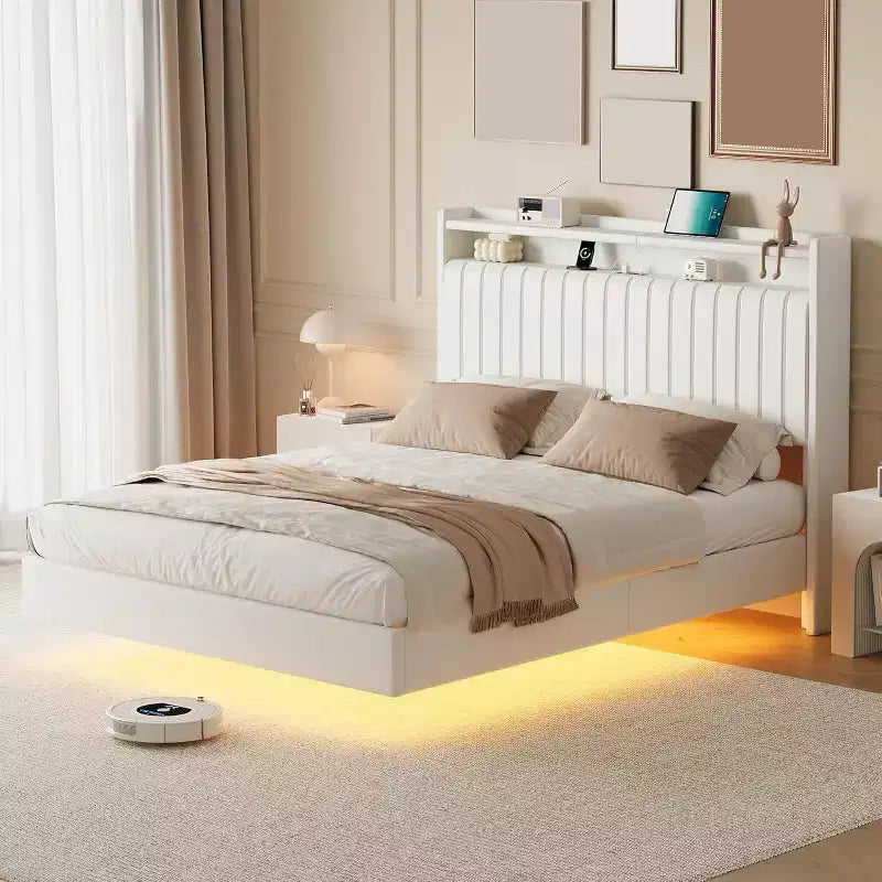 Full Floating Bed Frame with USB Charging Station, Upholstered Platform Bed with Headboard Storage and LED Lighting