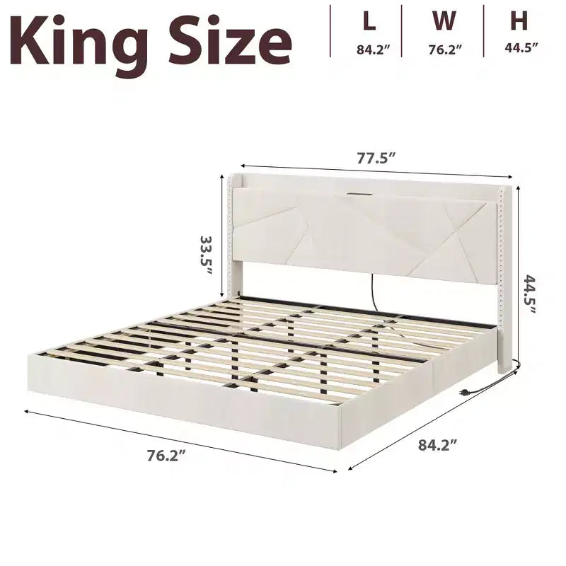 King size bed frame with lights and charging station, padded platform bed, storage headboard, button tufted design, no spring mattress required.