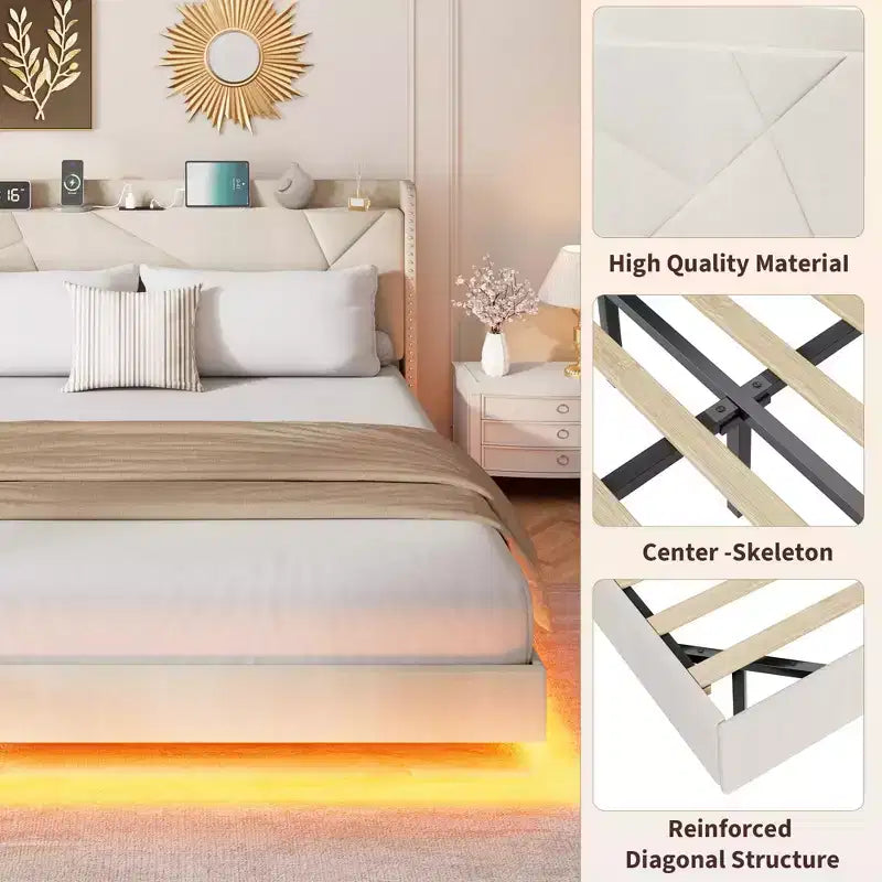 King size bed frame with lights and charging station, padded platform bed, storage headboard, button tufted design, no spring mattress required.