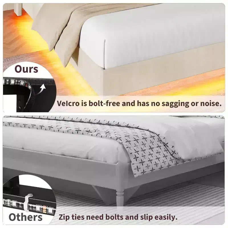 King size bed frame with lights and charging station, padded platform bed, storage headboard, button tufted design, no spring mattress required.