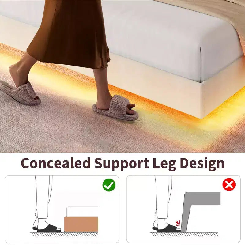 King size bed frame with lights and charging station, padded platform bed, storage headboard, button tufted design, no spring mattress required.