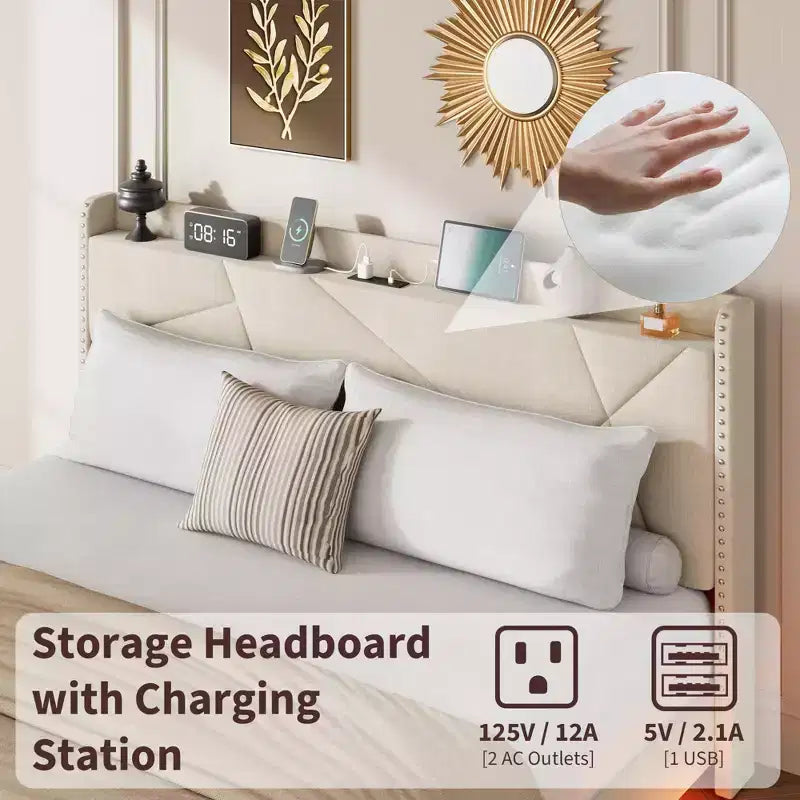 King size bed frame with lights and charging station, padded platform bed, storage headboard, button tufted design, no spring mattress required.