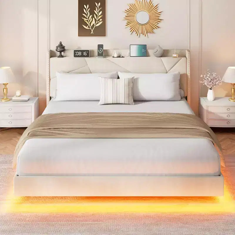King size bed frame with lights and charging station, padded platform bed, storage headboard, button tufted design, no spring mattress required.