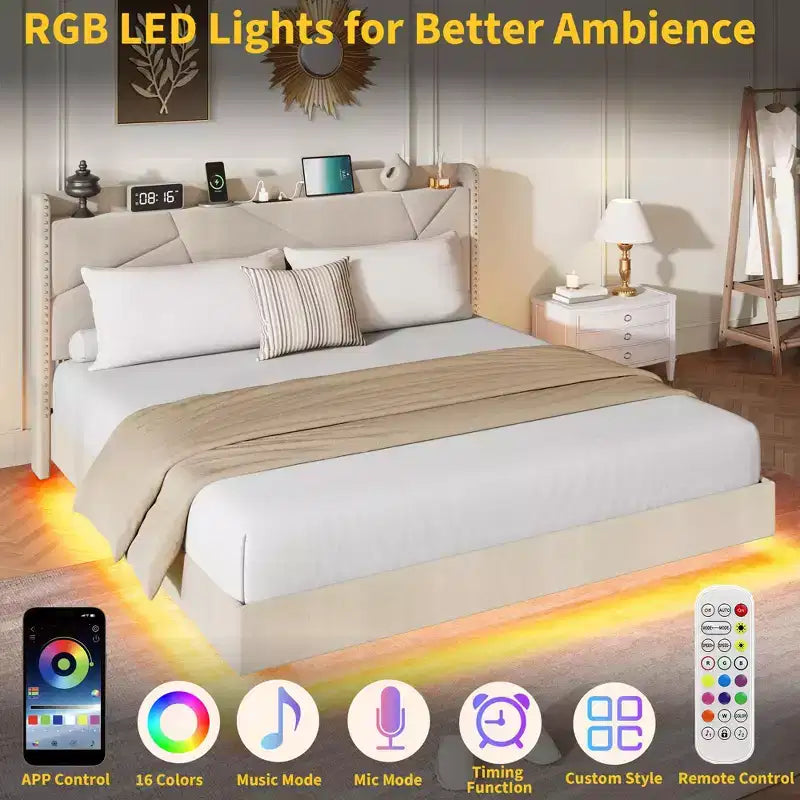 King size bed frame with lights and charging station, padded platform bed, storage headboard, button tufted design, no spring mattress required.