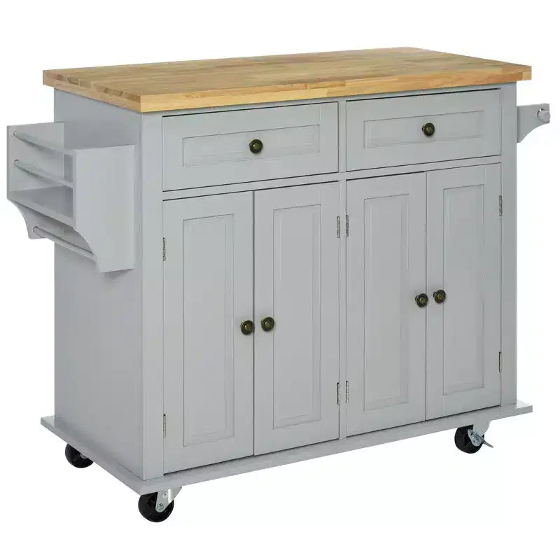 Farmhouse Kitchen Island with Rubberwood Top, Spice Rack, Towel Rack and Drawers, Kitchen Cart Organizer