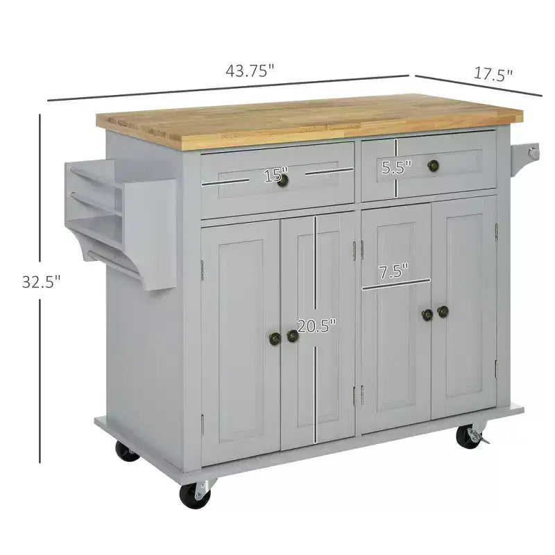 Farmhouse Kitchen Island with Rubberwood Top, Spice Rack, Towel Rack and Drawers, Kitchen Cart Organizer