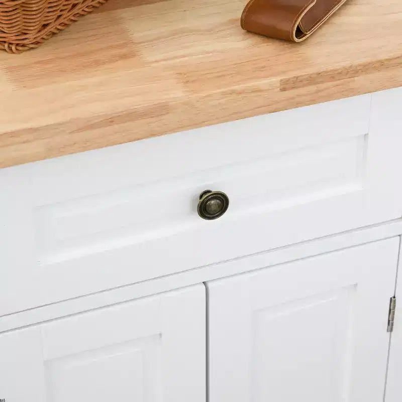 Farmhouse Kitchen Island with Rubberwood Top, Spice Rack, Towel Rack and Drawers, Kitchen Cart Organizer