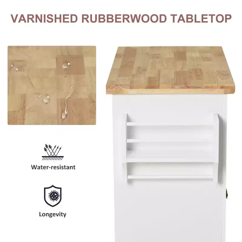 Farmhouse Kitchen Island with Rubberwood Top, Spice Rack, Towel Rack and Drawers, Kitchen Cart Organizer