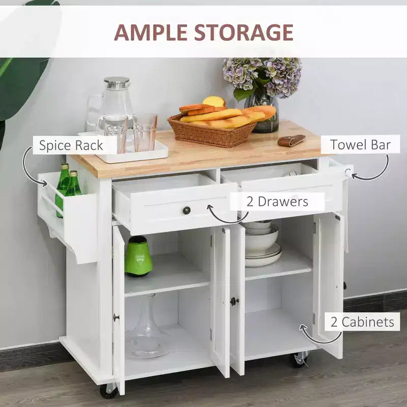 Farmhouse Kitchen Island with Rubberwood Top, Spice Rack, Towel Rack and Drawers, Kitchen Cart Organizer