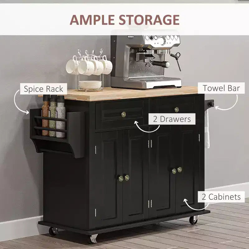 Farmhouse Kitchen Island with Rubberwood Top, Spice Rack, Towel Rack and Drawers, Kitchen Cart Organizer