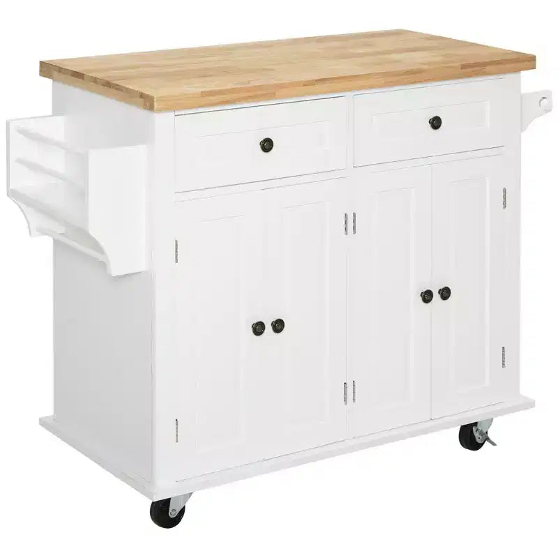 Farmhouse Kitchen Island with Rubberwood Top, Spice Rack, Towel Rack and Drawers, Kitchen Cart Organizer