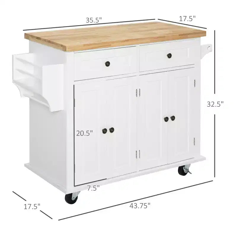 Farmhouse Kitchen Island with Rubberwood Top, Spice Rack, Towel Rack and Drawers, Kitchen Cart Organizer