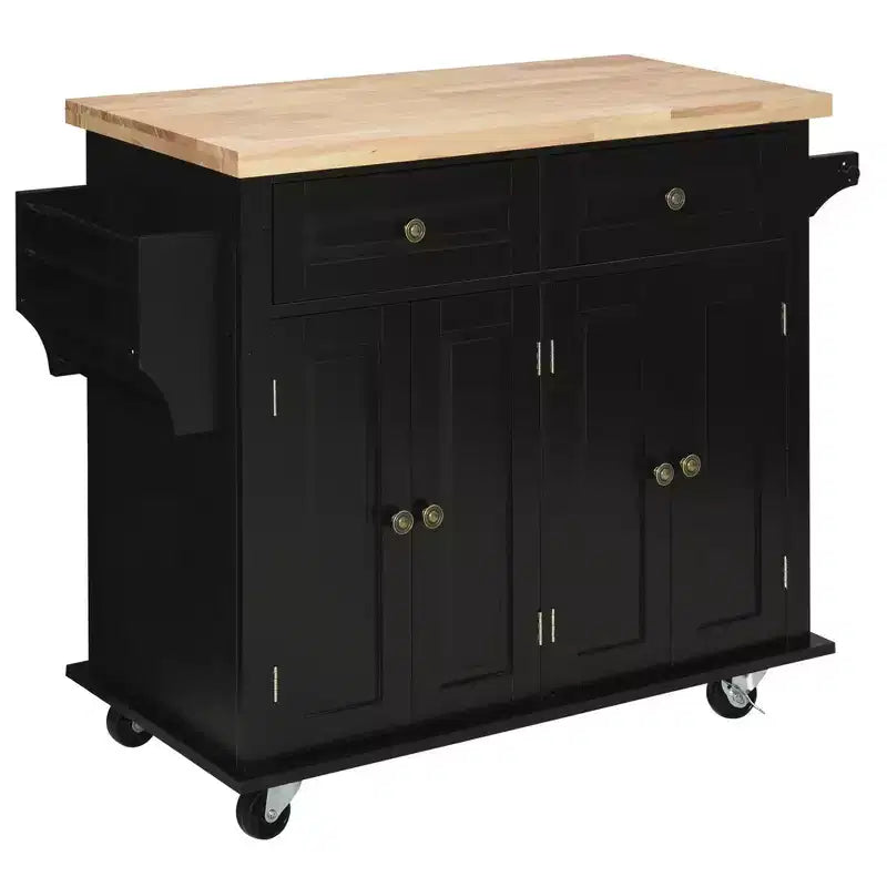 Farmhouse Kitchen Island with Rubberwood Top, Spice Rack, Towel Rack and Drawers, Kitchen Cart Organizer