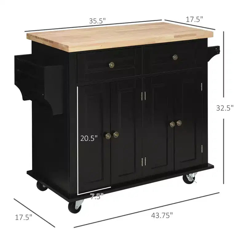 Farmhouse Kitchen Island with Rubberwood Top, Spice Rack, Towel Rack and Drawers, Kitchen Cart Organizer