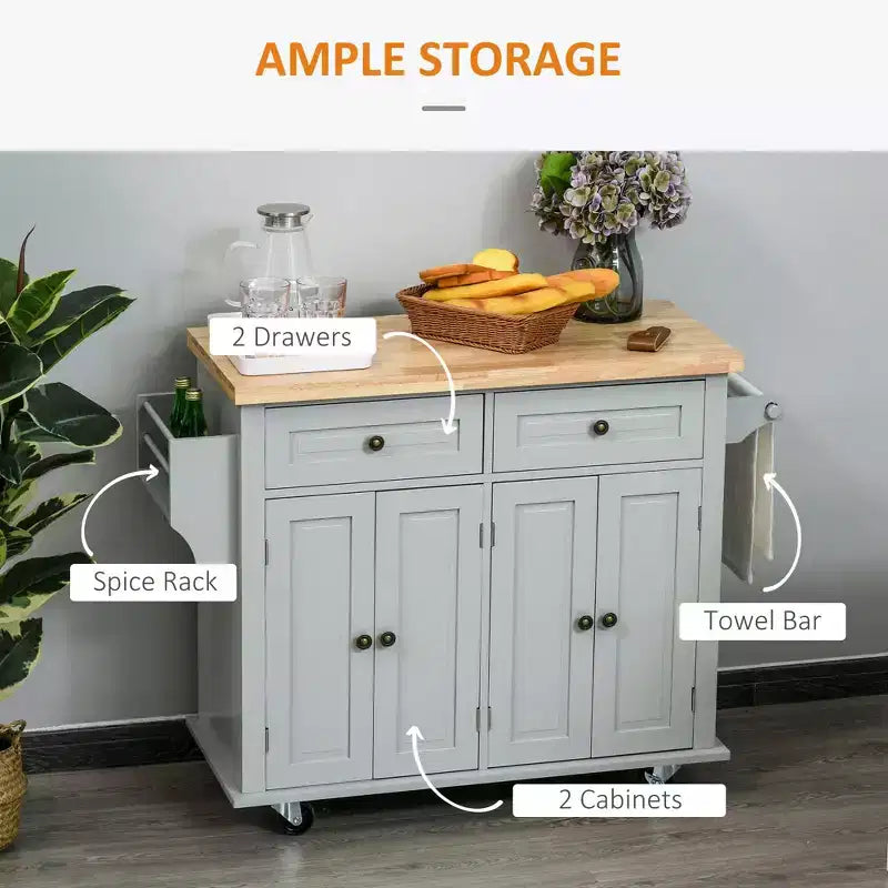 Farmhouse Kitchen Island with Rubberwood Top, Spice Rack, Towel Rack and Drawers, Kitchen Cart Organizer