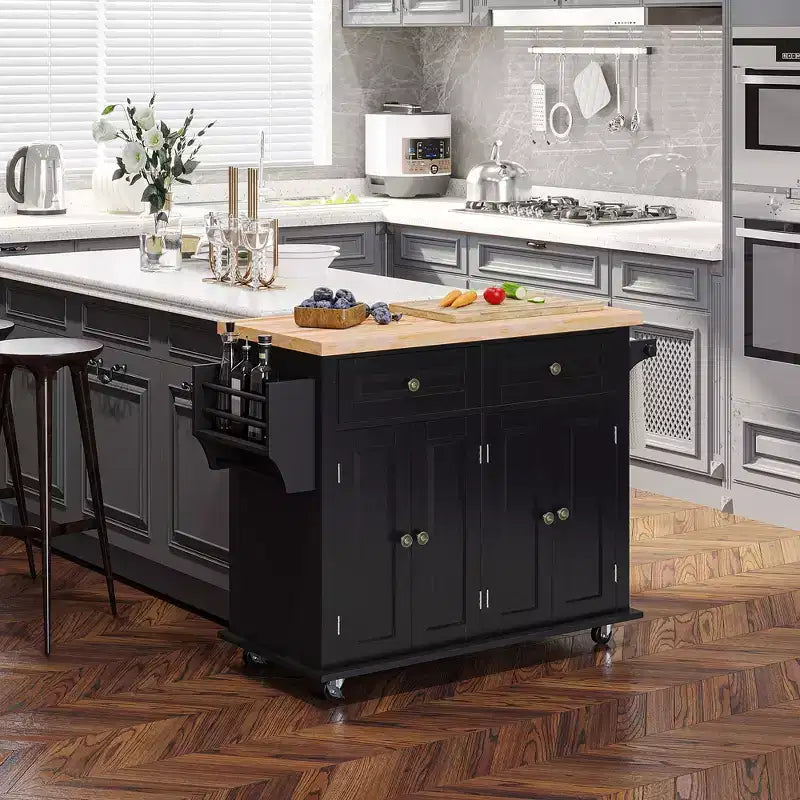 Farmhouse Kitchen Island with Rubberwood Top, Spice Rack, Towel Rack and Drawers, Kitchen Cart Organizer