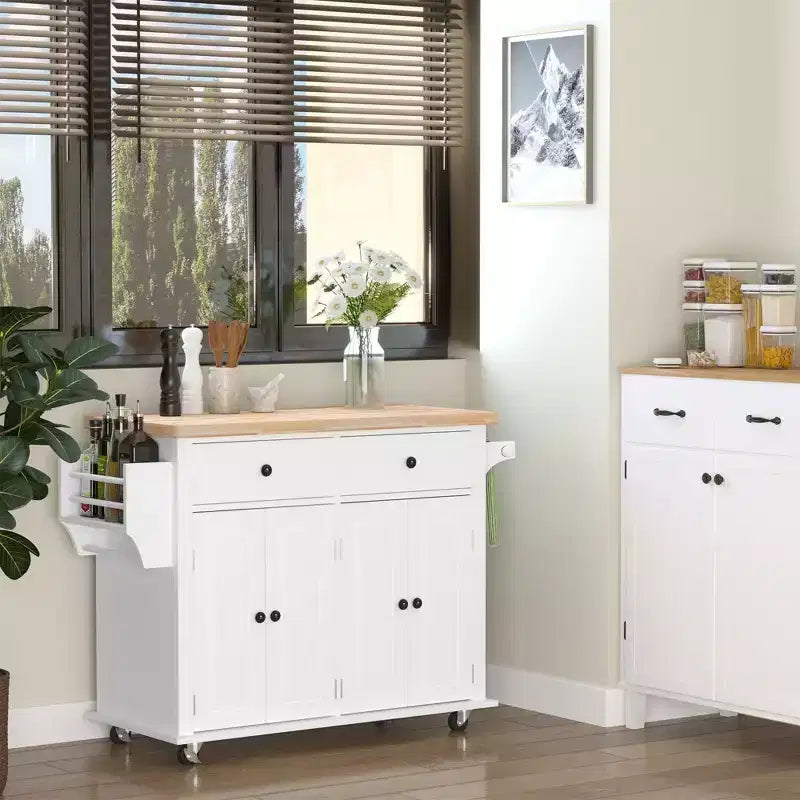 Farmhouse Kitchen Island with Rubberwood Top, Spice Rack, Towel Rack and Drawers, Kitchen Cart Organizer