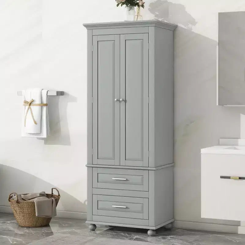 Tall Storage Cabinet with 2 Drawers & Adjustable Shelves, Waterproof MDF, Anti-Tip