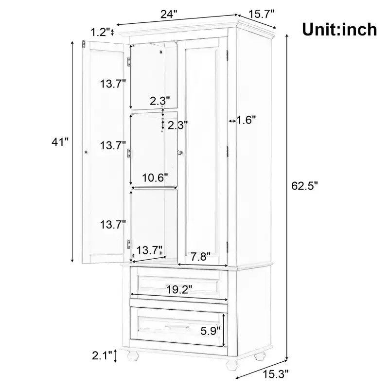 Tall Storage Cabinet with 2 Drawers & Adjustable Shelves, Waterproof MDF, Anti-Tip