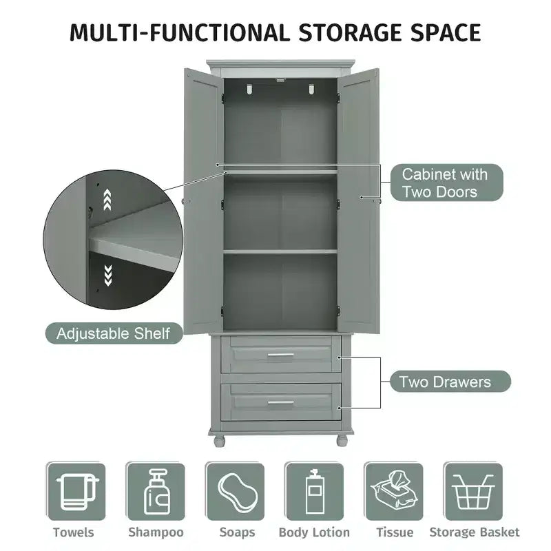 Tall Storage Cabinet with 2 Drawers & Adjustable Shelves, Waterproof MDF, Anti-Tip