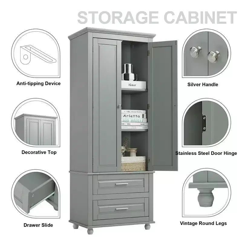 Tall Storage Cabinet with 2 Drawers & Adjustable Shelves, Waterproof MDF, Anti-Tip
