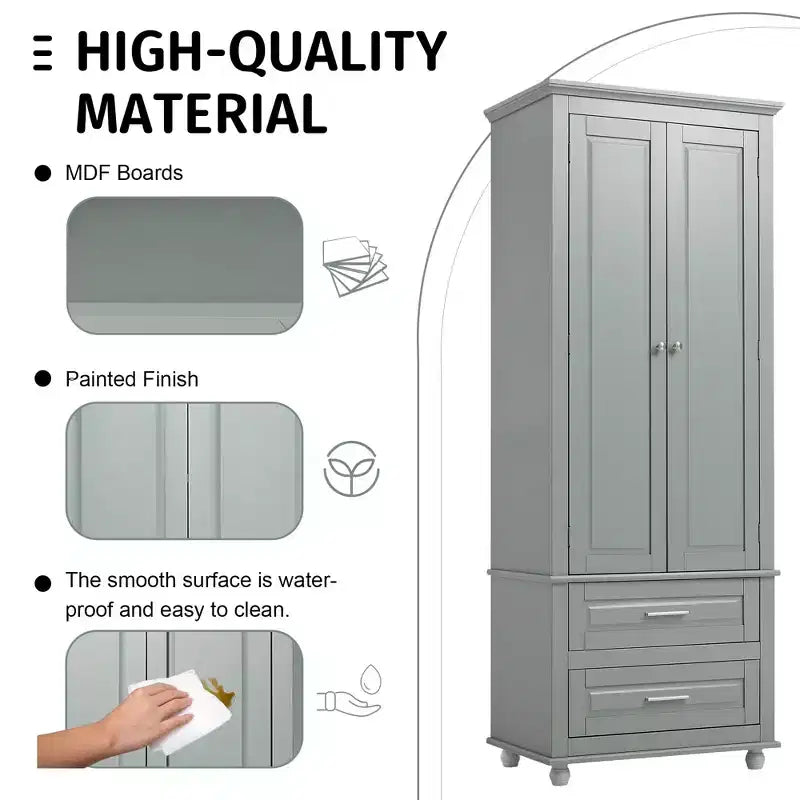 Tall Storage Cabinet with 2 Drawers & Adjustable Shelves, Waterproof MDF, Anti-Tip
