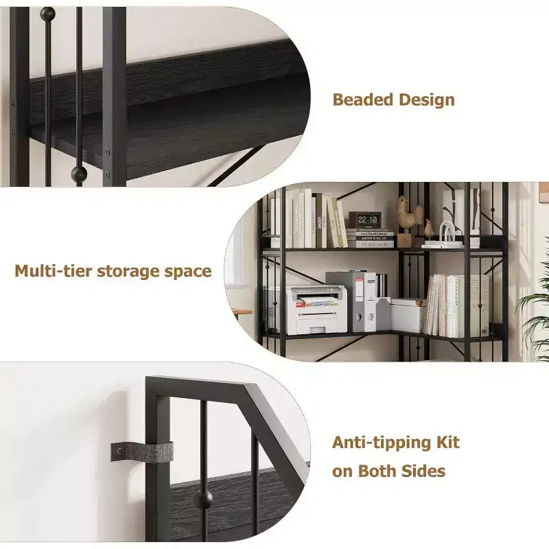 Corner L-Shaped Bookshelf, Industrial-Style Corner Shelving Five-Tier L-Shaped Bookshelf with Bead-Decor Design Suitable for Living Rooms