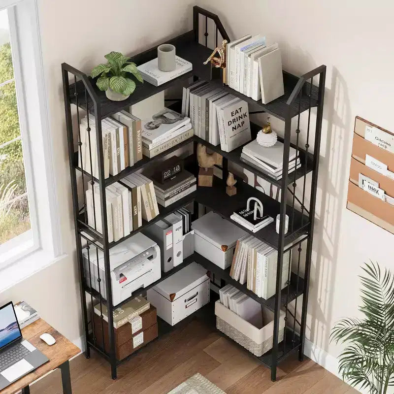 Corner L-Shaped Bookshelf, Industrial-Style Corner Shelving Five-Tier L-Shaped Bookshelf with Bead-Decor Design Suitable for Living Rooms