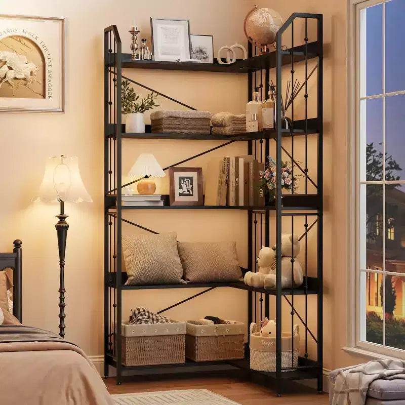 Corner L-Shaped Bookshelf, Industrial-Style Corner Shelving Five-Tier L-Shaped Bookshelf with Bead-Decor Design Suitable for Living Rooms