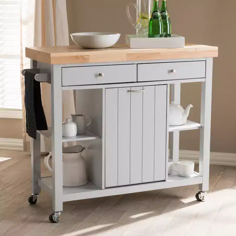 HomeStock 35 in.H Rubberwood Kitchen Carts with 1 Door and 4 Shelves