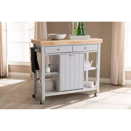 Carrello da cucina in legno di gomma da 35" con 1 anta e 4 ripiani
