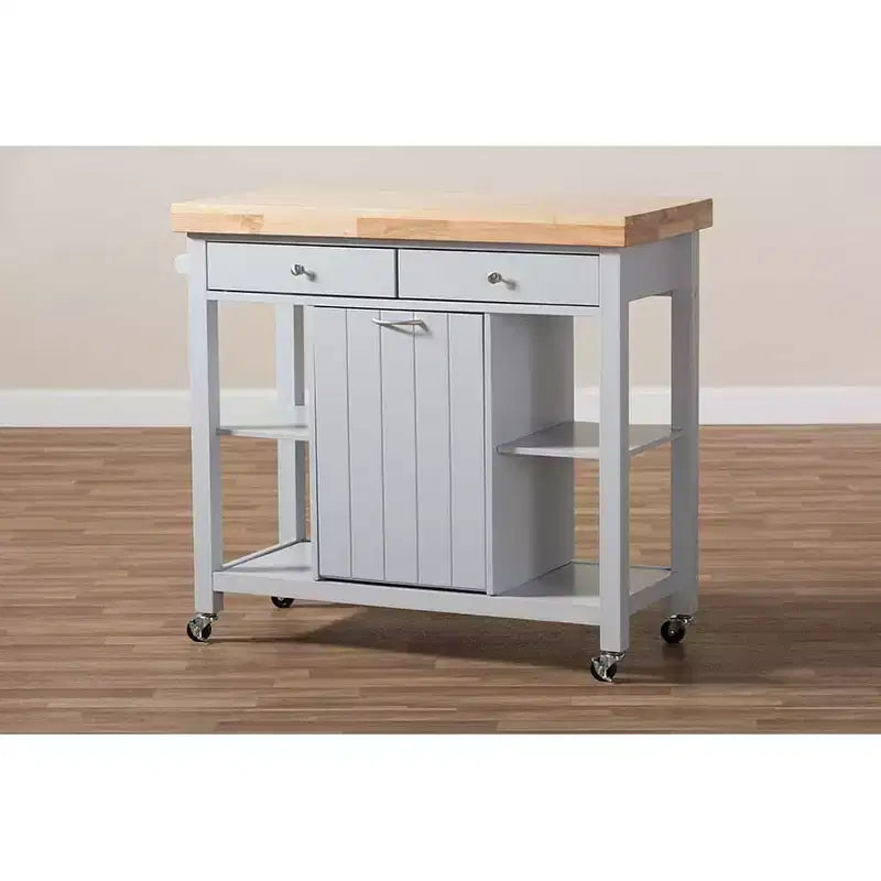 35" Rubberwood Kitchen Cart with 1 Door and 4 Shelves