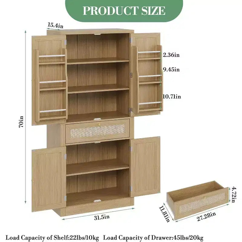 70inch Tall Kitchen Pantry Cabine, Rattan Doors Freestanding Cupboard Storage Cabinet