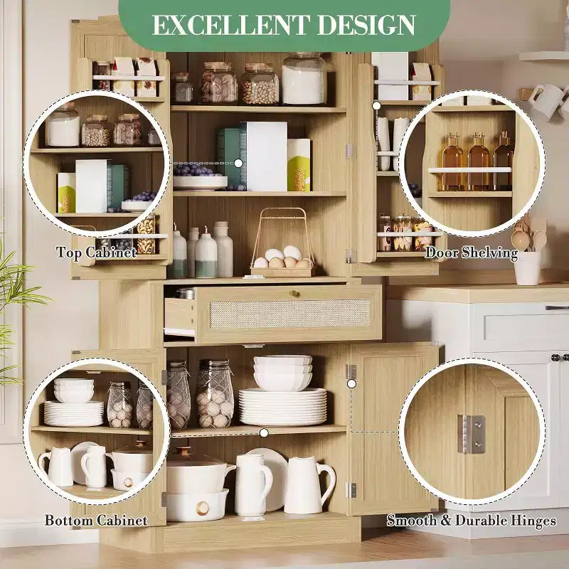 70inch Tall Kitchen Pantry Cabine, Rattan Doors Freestanding Cupboard Storage Cabinet