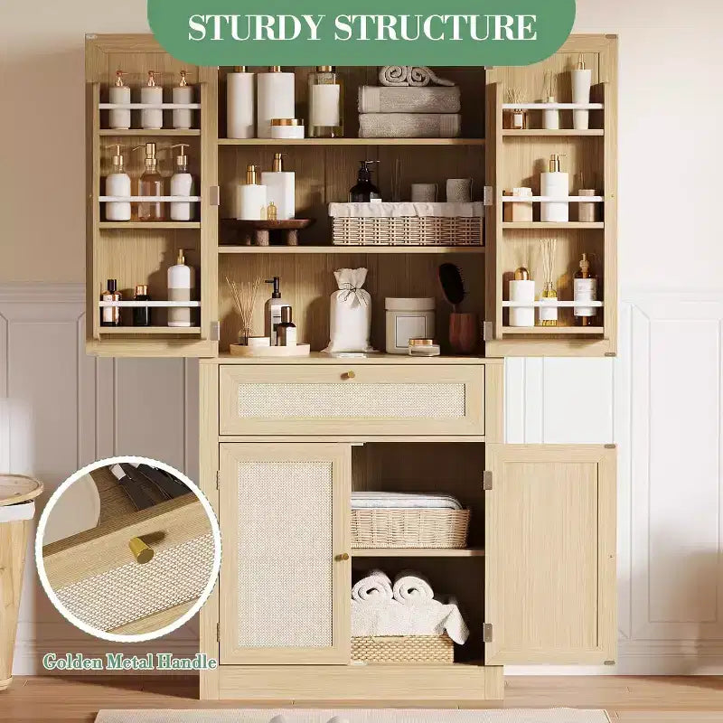 70inch Tall Kitchen Pantry Cabine, Rattan Doors Freestanding Cupboard Storage Cabinet