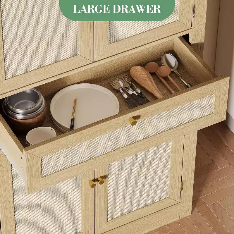 70inch Tall Kitchen Pantry Cabine, Rattan Doors Freestanding Cupboard Storage Cabinet